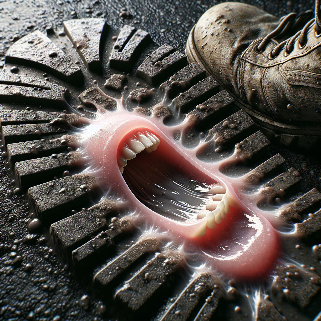 Close-up of sneaker tread on wet surface with mouth