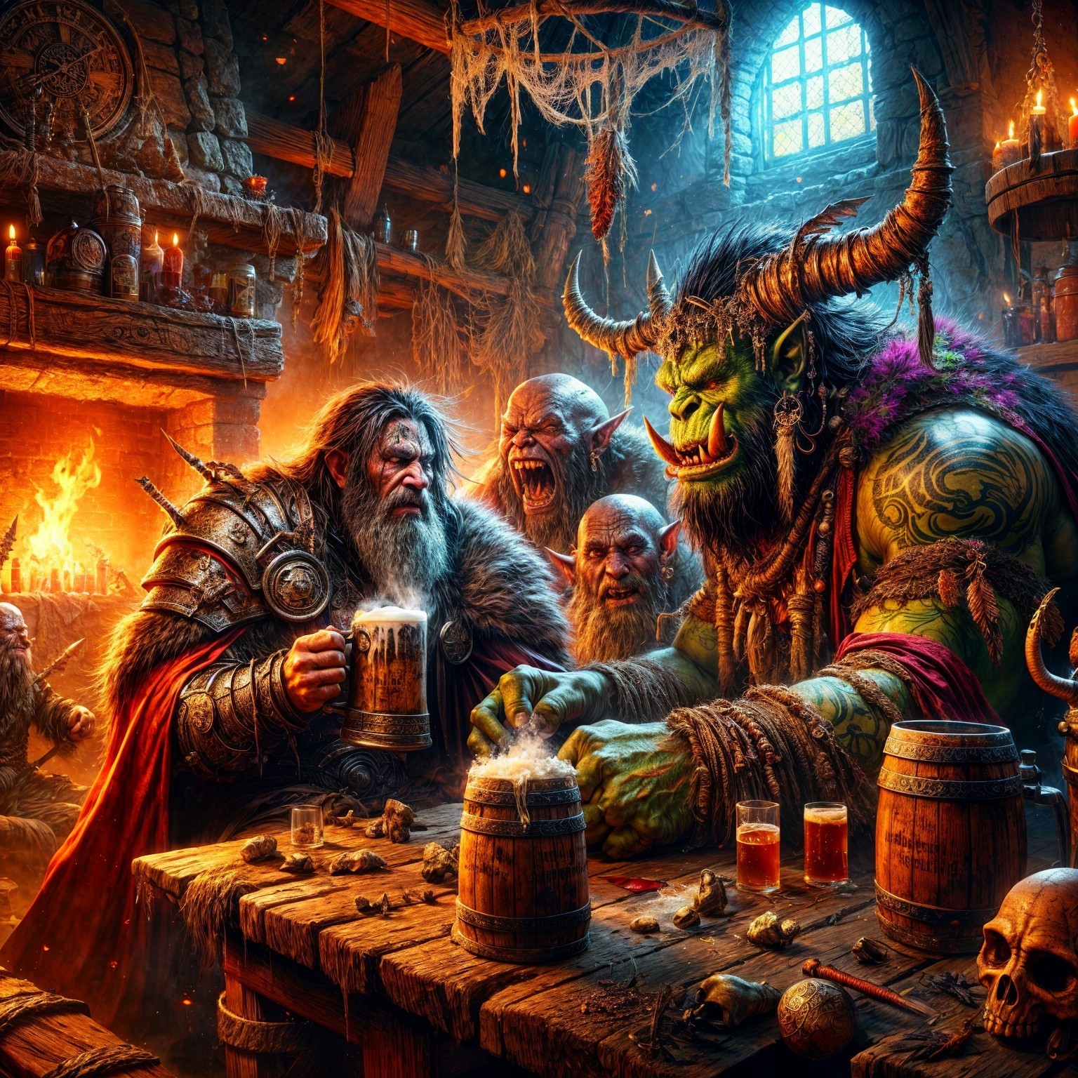 Warrior and Orc in Dimly Lit Tavern Setting