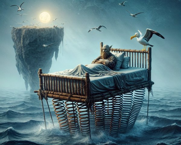 Giant Bed Floating on Choppy Waters Under Moonlight