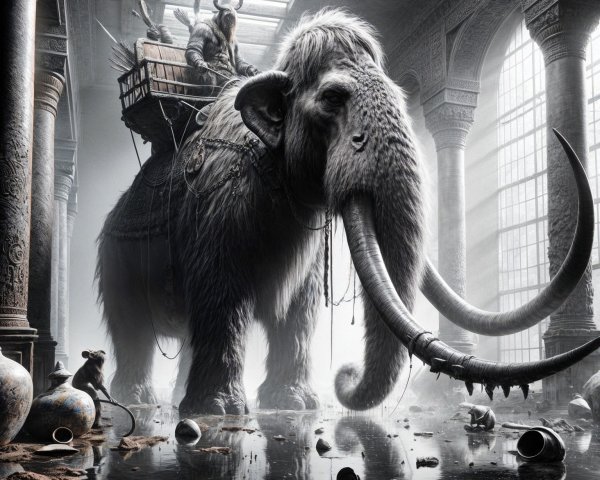 Woolly Mammoth in Ancient Hall with Artifacts and Light