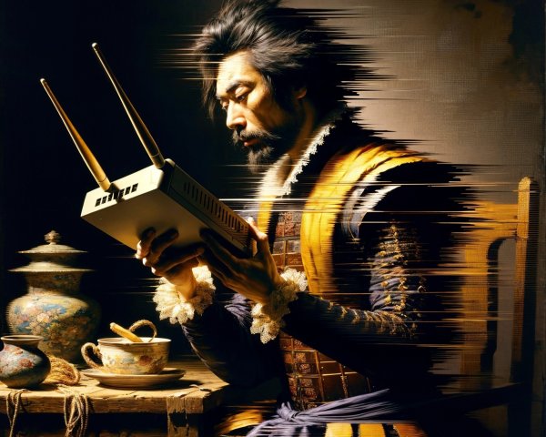 Samurai in Traditional Attire with Vintage Communication Device