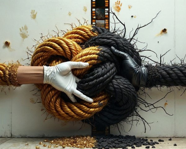 Artistic Composition of Intertwined Gold and Black Ropes