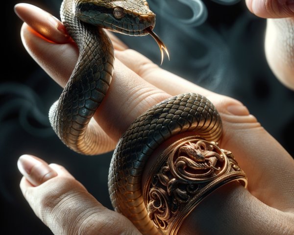 Close-up of a hand with ornate golden ring and snake