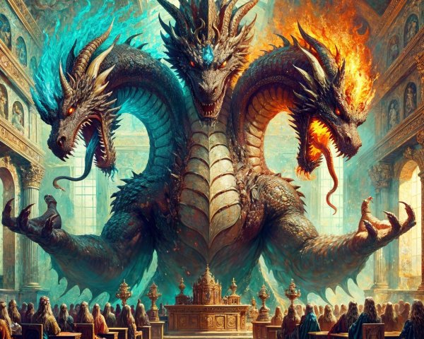 Three-Headed Dragon in Grand Hall with Awe-Inspiring Decor