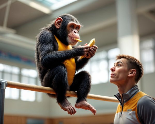 Young Chimpanzee on Balance Beam with Banana
