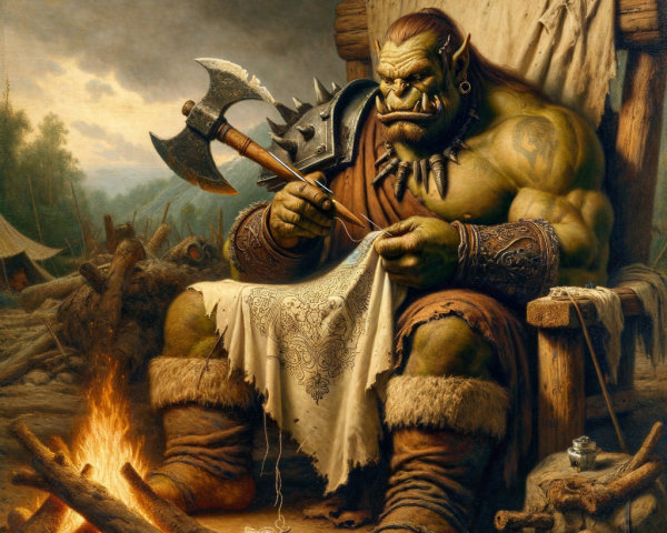 Muscular Orc Sewing in a Fantasy Camp Setting