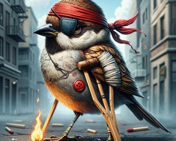 Cartoon Bird in Pirate Gear with Crutches and Chalk