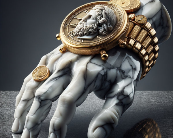 Marble Hand Holding Golden Watch and Coins Sculpture
