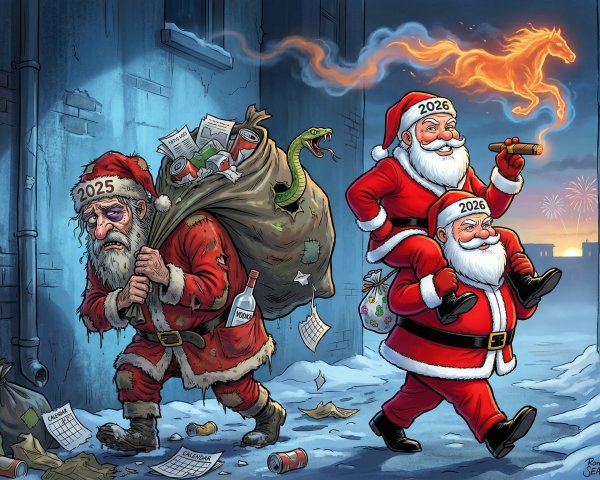 Contrasting Scenes of Santa Claus in a Snowy Alleyway