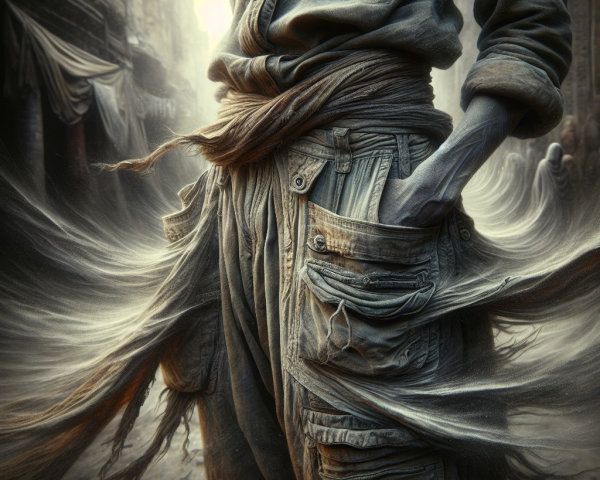Figure in Worn Clothing on Gritty Urban Street