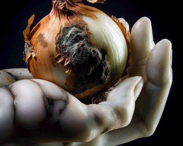 Marble Hand Holding a Partially Rotten Onion