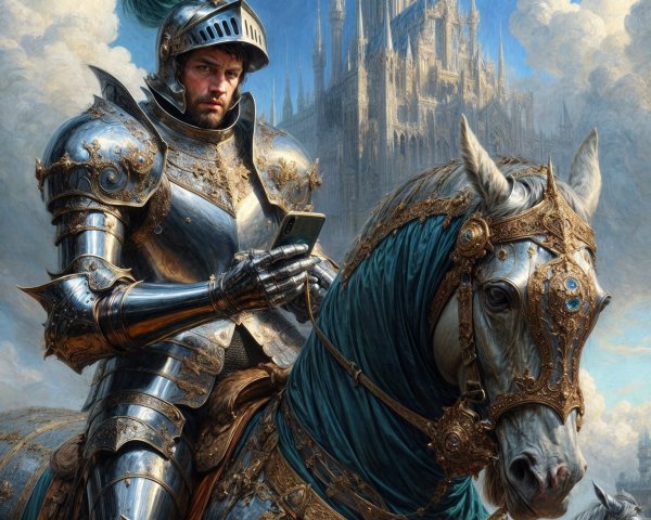 Knight in Armor with Smartphone and Castle Background