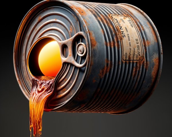Rusty Barrel with Bright Orange Liquid on Dark Background