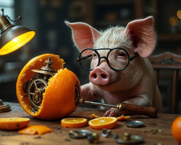 Curious Pig Examines Clockwork Inside Opened Orange