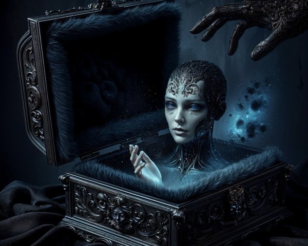 Ornate Dark Box with Robotic Head and Intricate Design