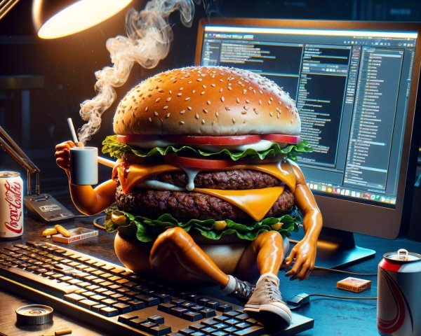 Surreal Scene of a Giant Hamburger at a Desk