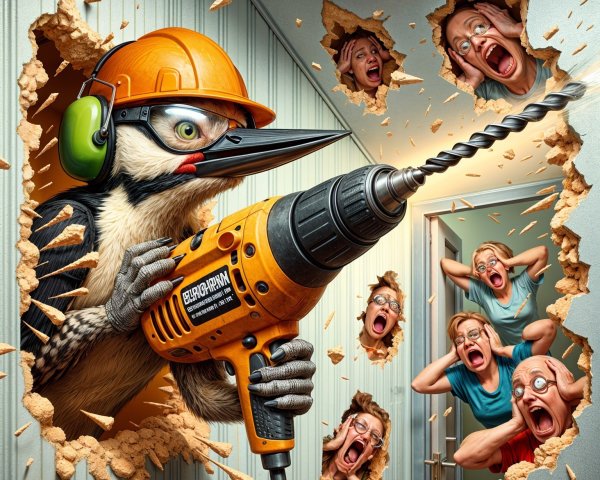 Cartoon Woodpecker with Drill Creates Comedic Chaos