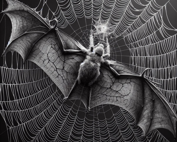 Black-and-white image of a bat in a spiderweb
