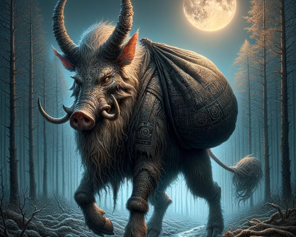 Mystical Horned Boar in a Moonlit Forest Scene