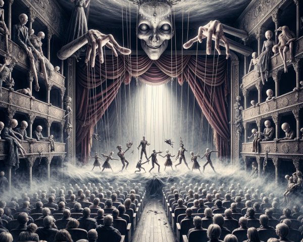 Theatrical Scene with Marionettes and Eerie Puppet Master