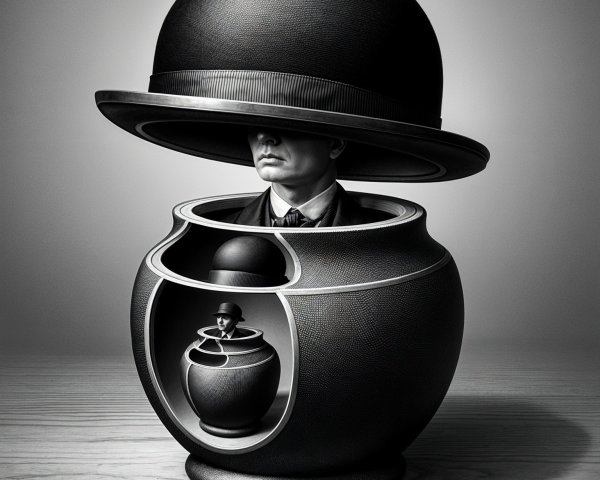 Surreal Black-and-White Image of Man with Hat