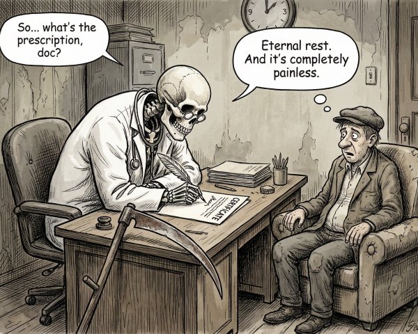 Cartoon of Grim Reaper as a Doctor Writing Prescription