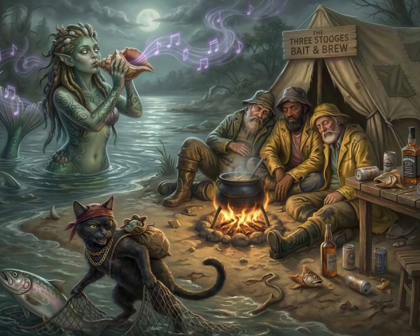 Outdoor Oil Painting of Homeless Men by Campfire