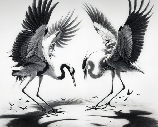 Elegant herons with expanded wings on sandy surface
