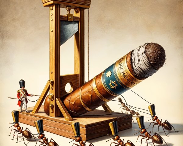 Giant Cigar on Guillotine with Ants in Mini Hats
