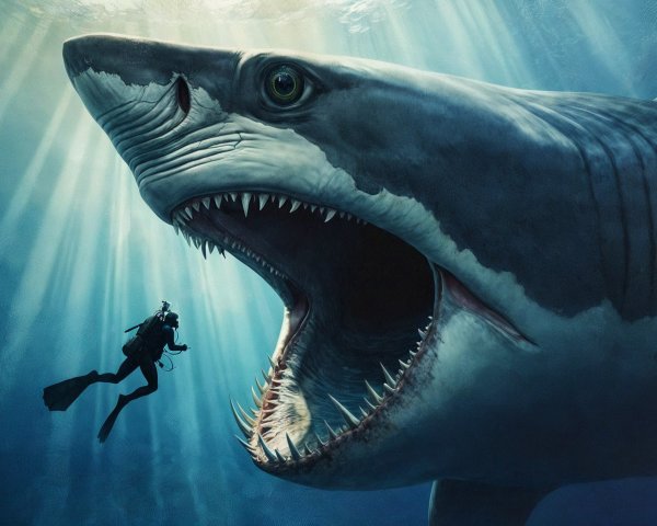 Massive Shark Swimming Underwater with Scuba Diver