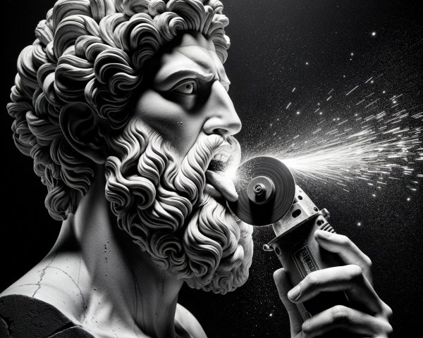 Dramatic Sculpture of Bearded Figure with Power Tool