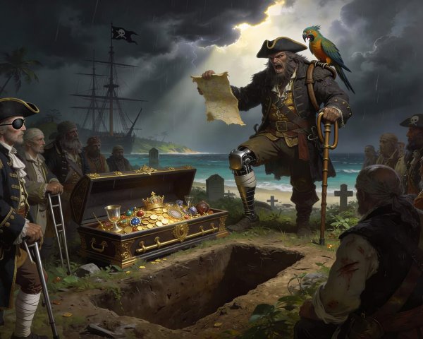 Pirates Around Coffin Overflowing with Treasure Scene