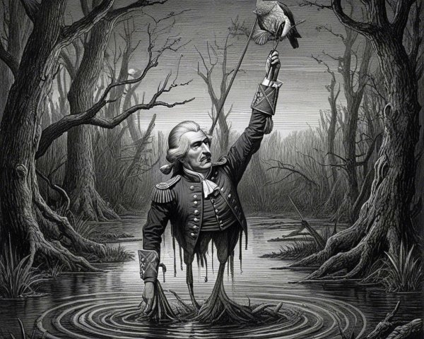 Historical figure in military uniform in dark swamp