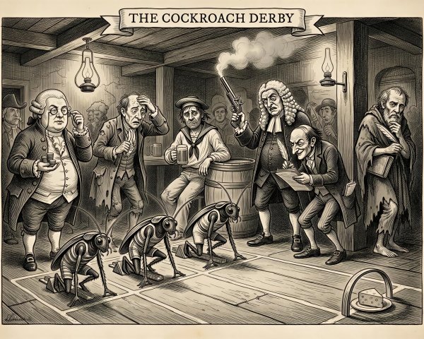 Black and white illustration of "The Cockroach Derby