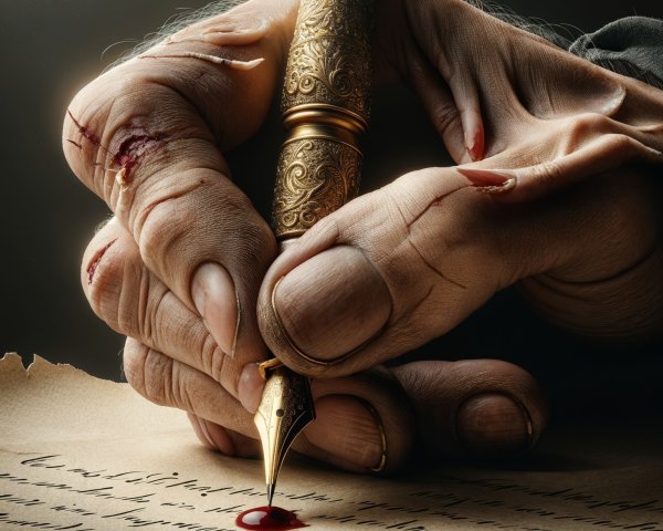 Close-up of a hand with a golden pen and aged paper