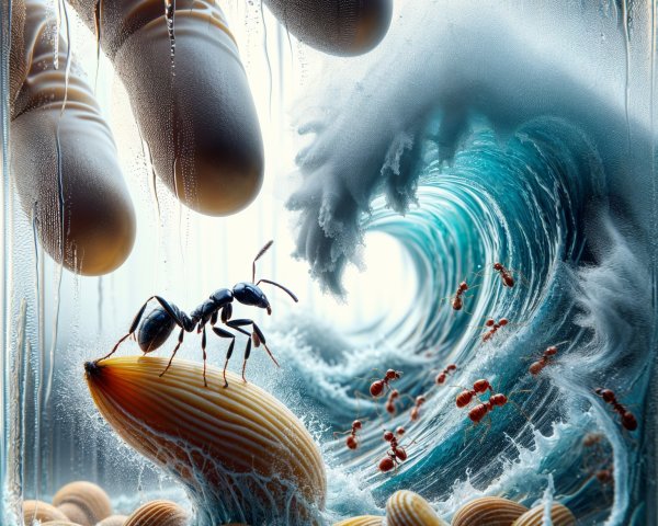 Ant on Clam Shell in Glass Container with Ocean Wave