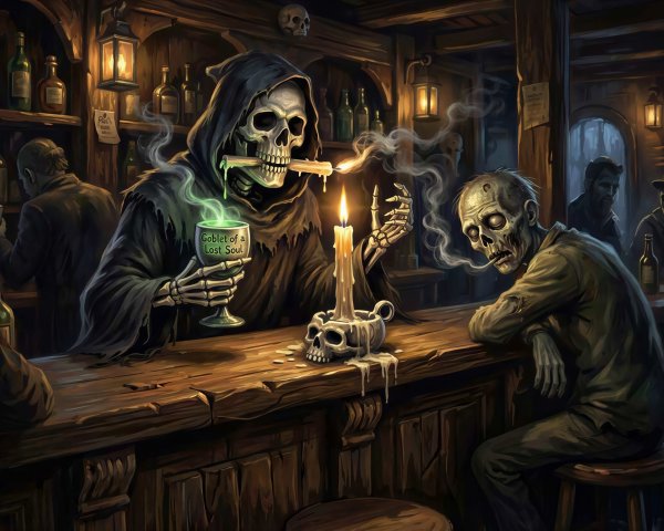 Skeleton with Goblet and Zombie at Dimly Lit Bar