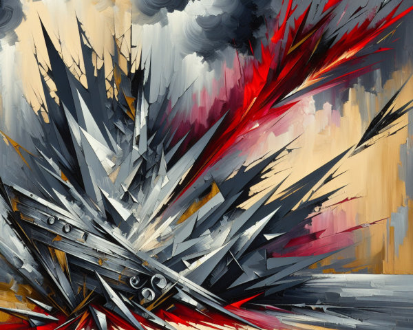 Abstract Artwork with Jagged Forms in Gray and Red