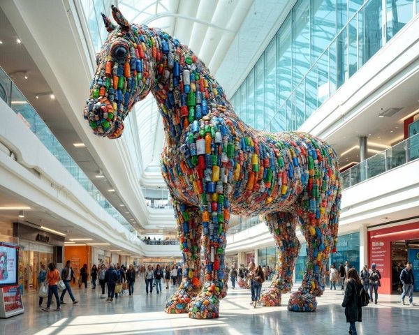 Colorful Can Sculpture of a Horse in Shopping Mall