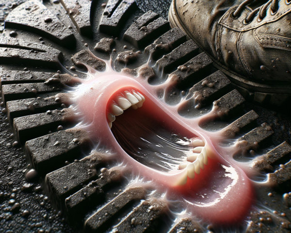 Close-up of sneaker tread on wet surface with mouth