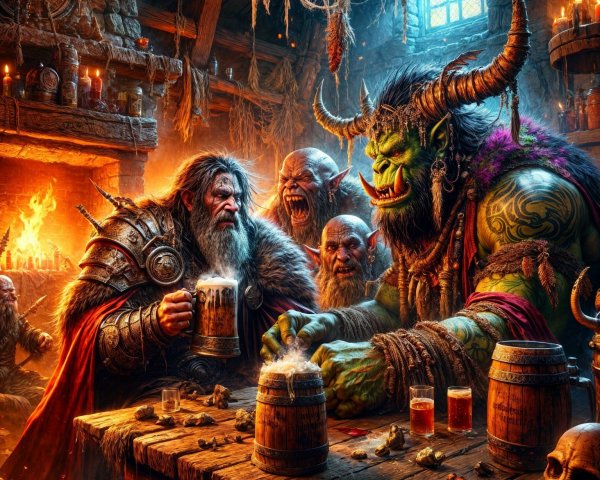 Warrior and Orc in Dimly Lit Tavern Setting