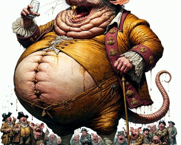 Oversized Rat in Lavish Coat with Cartoonish Crowd