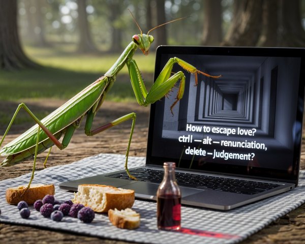 Green Praying Mantis on Picnic Blanket in Forest