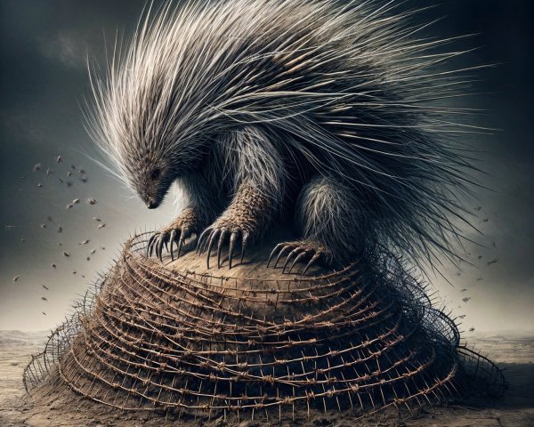 Majestic Porcupine on Branch Mound in Dark Landscape