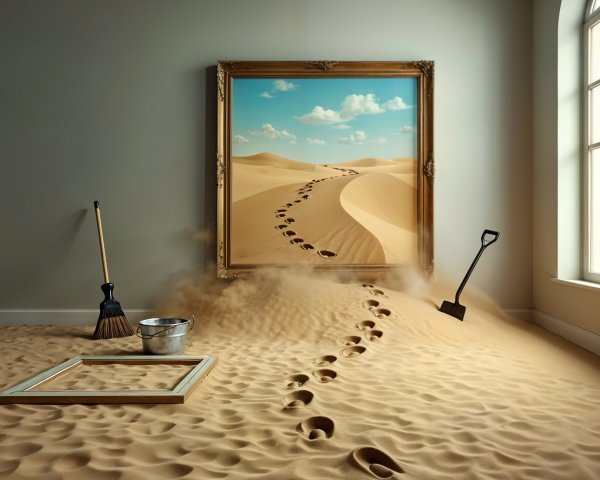 Surreal Room with Sand, Empty Frame, and Dunes
