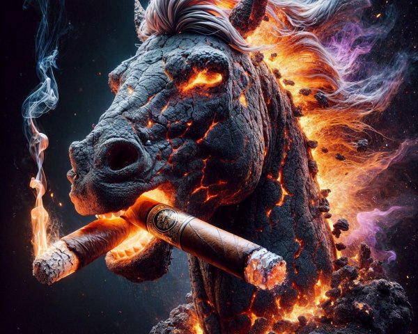 Fiery Horse Head in Volcanic Landscape with Smoke