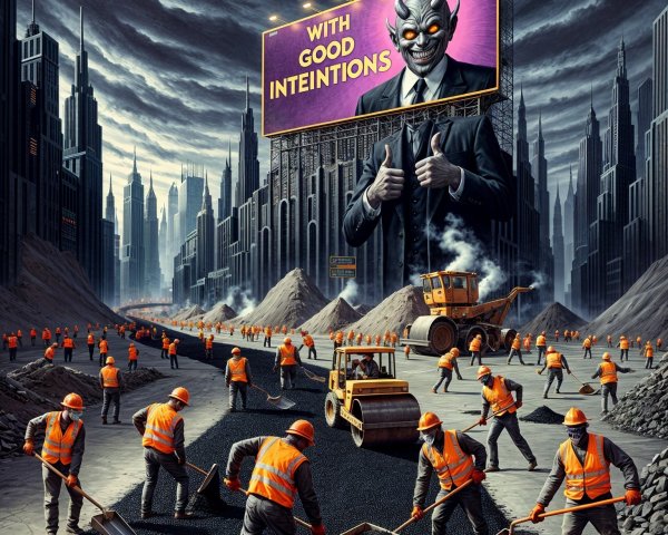 Dystopian Cityscape with Workers and Irony Billboard