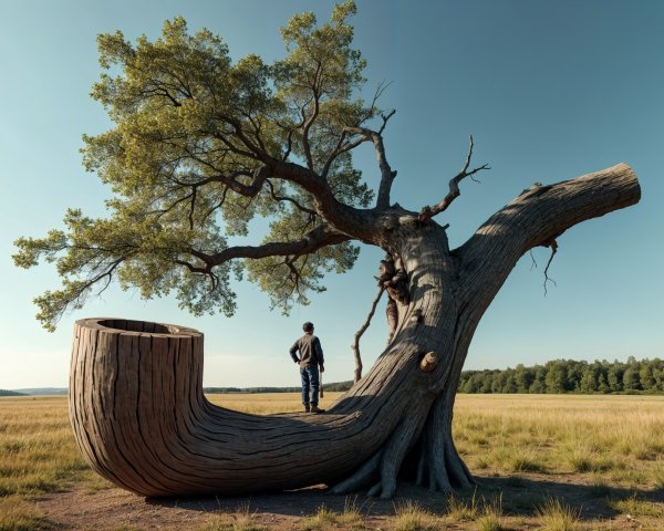 Curved Tree Stump with Vibrant Tree in Golden Field