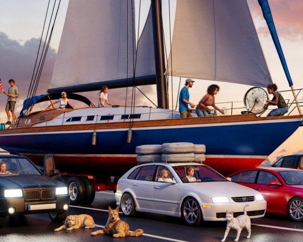 Sailboat Towed on Highway with City Skyline Sunset