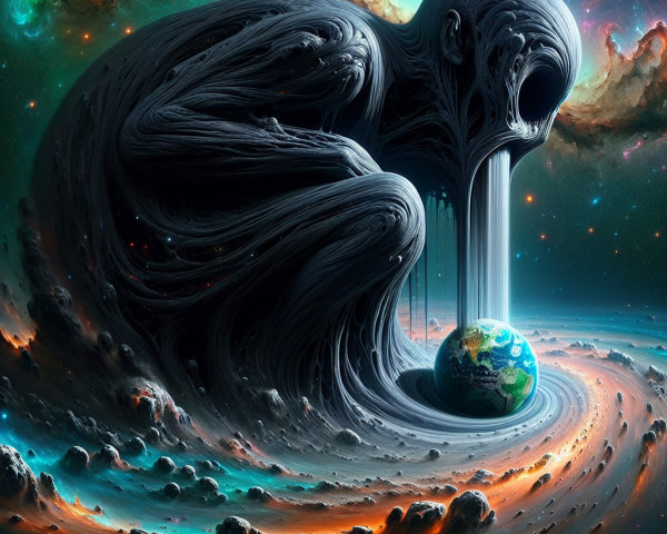 Surreal Figure Cradling Earth in Cosmic Background